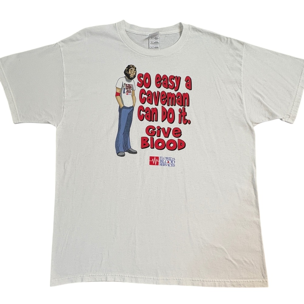 Fruit of the Loom Mens XL White Florida Blood Services Caveman Graphic T Shirt